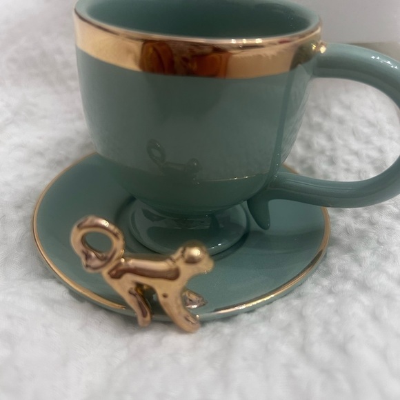 Elegant Anthropologie Teal and Gold Teacup with Saucer - Picture 2 of 4